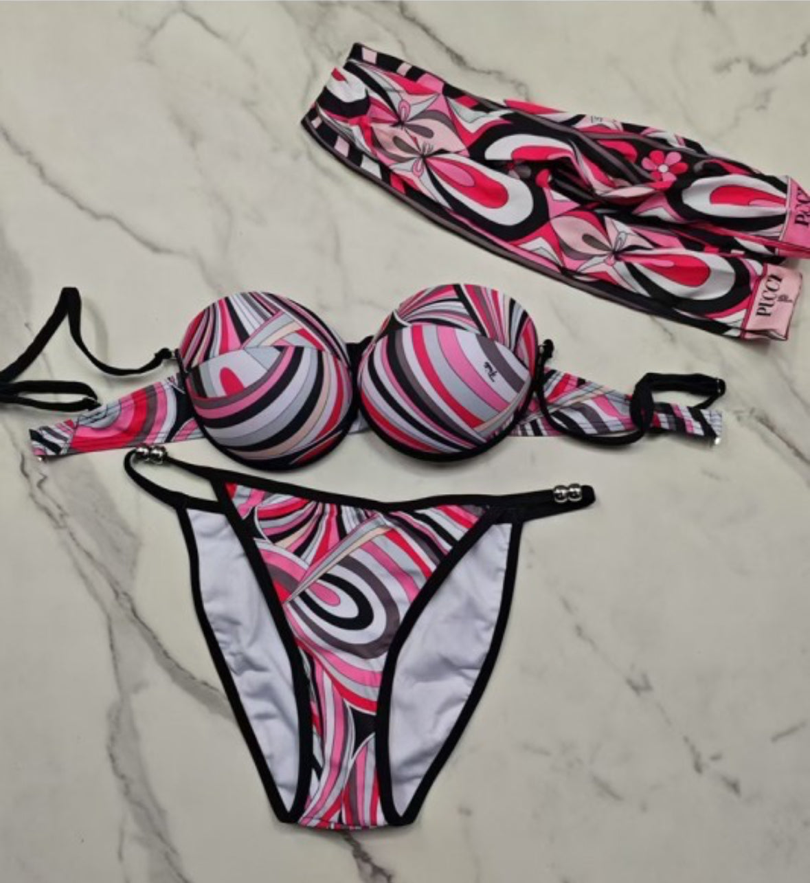 Pink Pucci Swirls Bikini Set (coverup Dress & headscarf) included