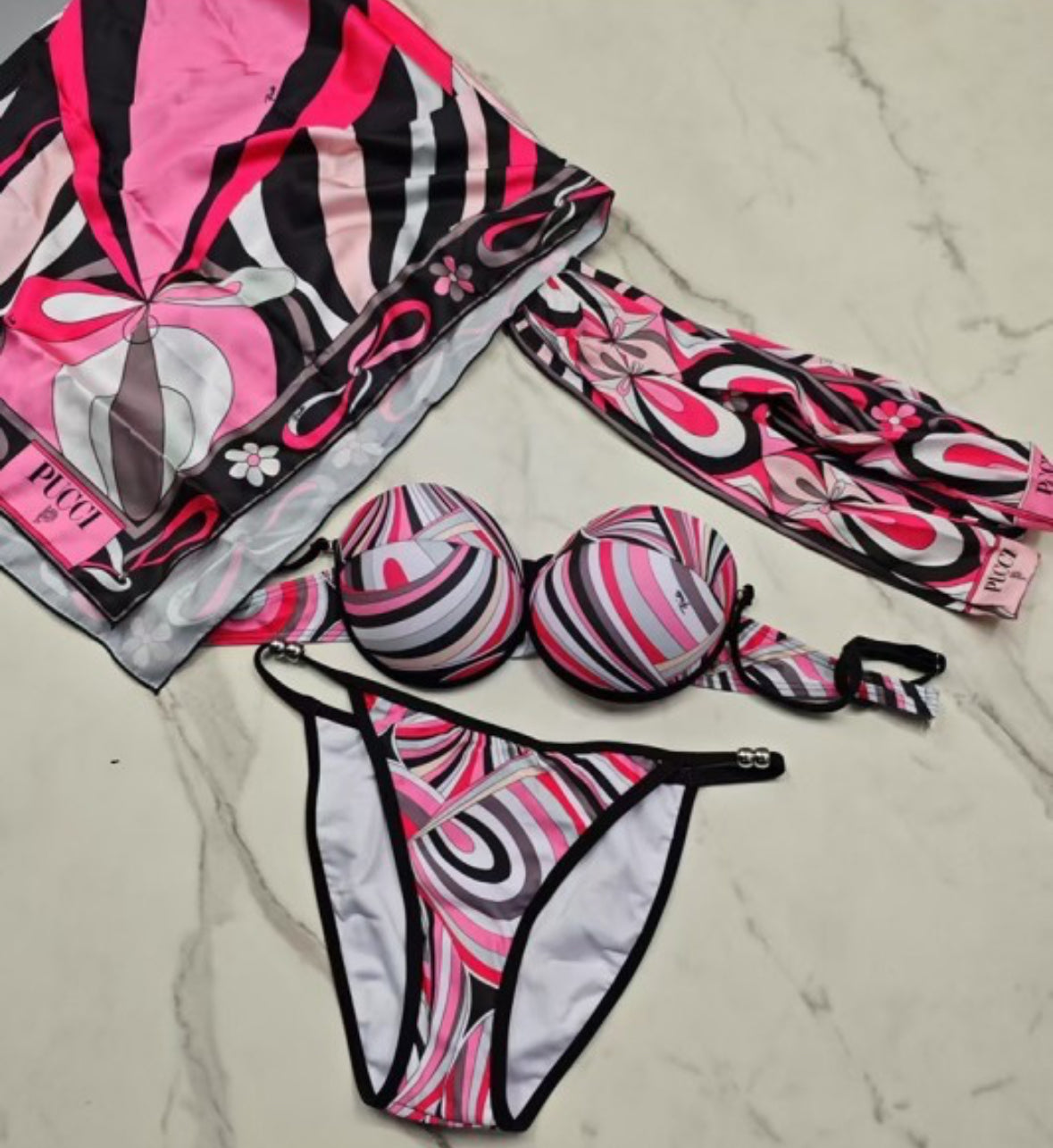 Pink Pucci Swirls Bikini Set (coverup Dress & headscarf) included