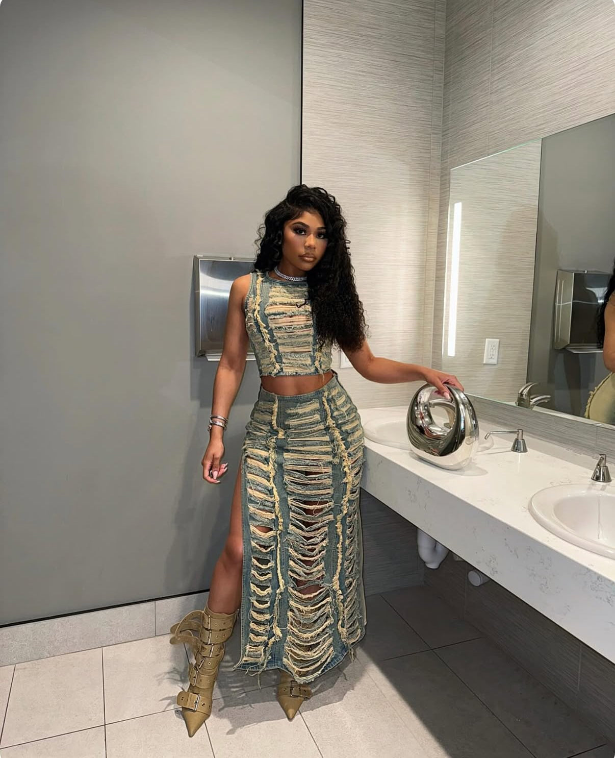 Shredded Fashion Denim Skirt Set