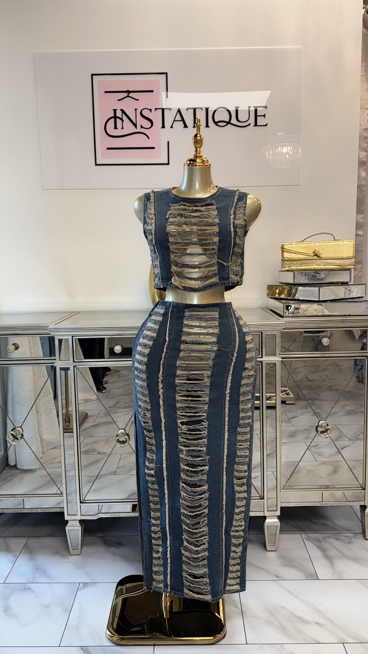 Pretty Shredded Denim Skirt Set