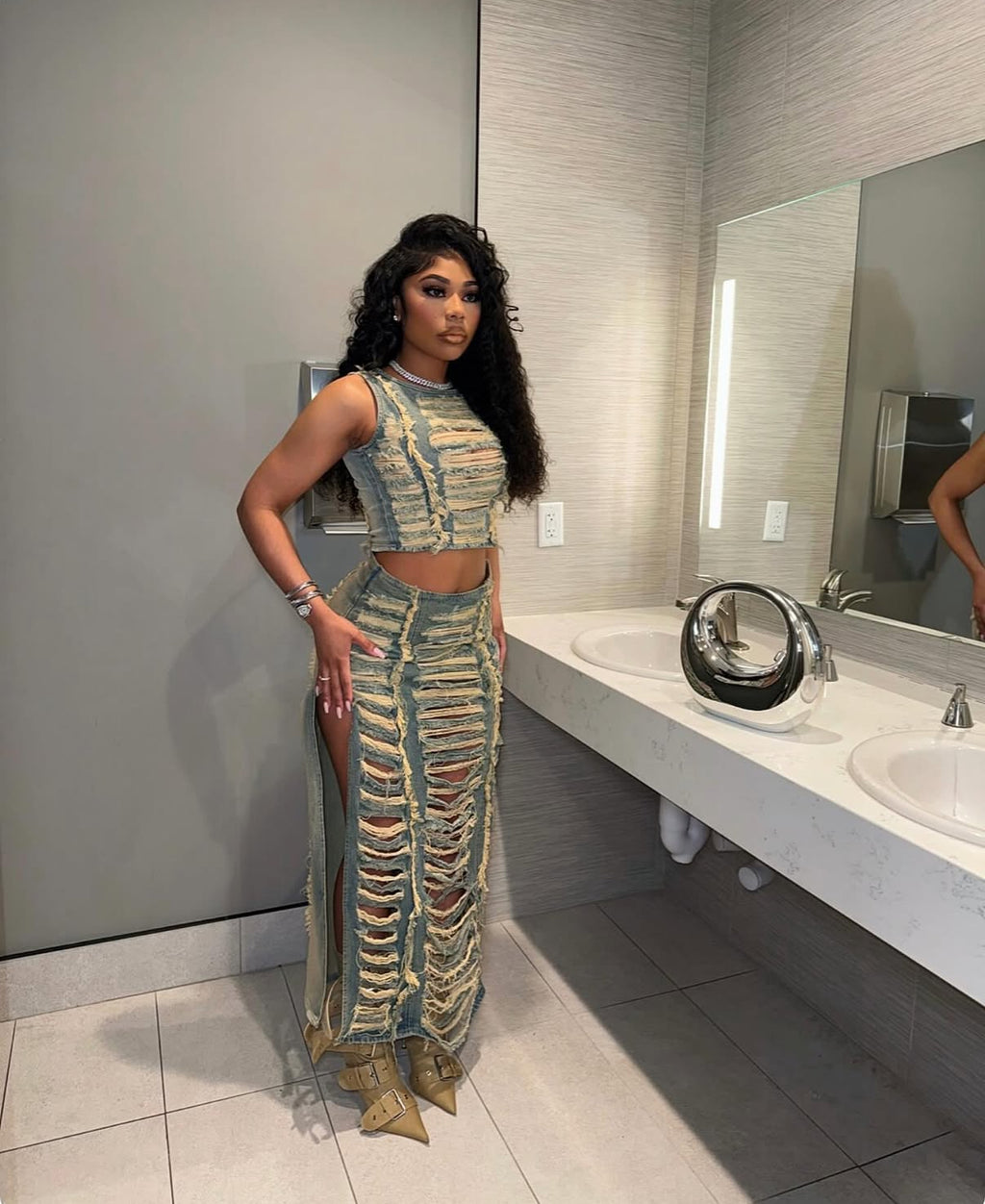 Shredded Fashion Denim Skirt Set