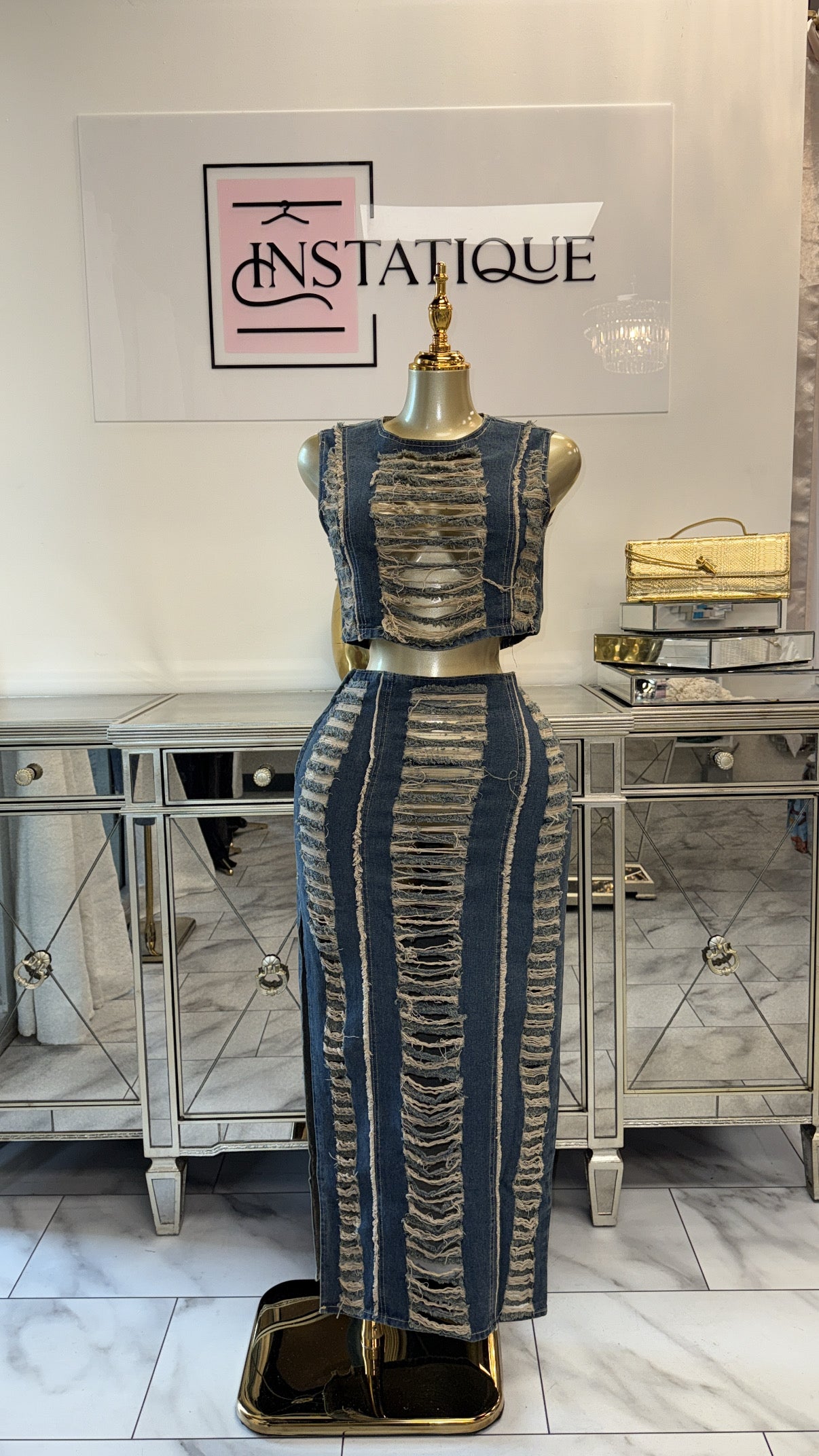 Pretty Shredded Denim Skirt Set