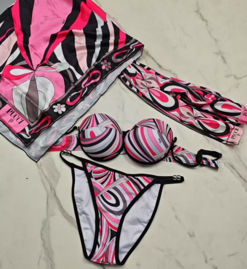 Pink Pucci Swirls Bikini Set (coverup Dress & headscarf) included