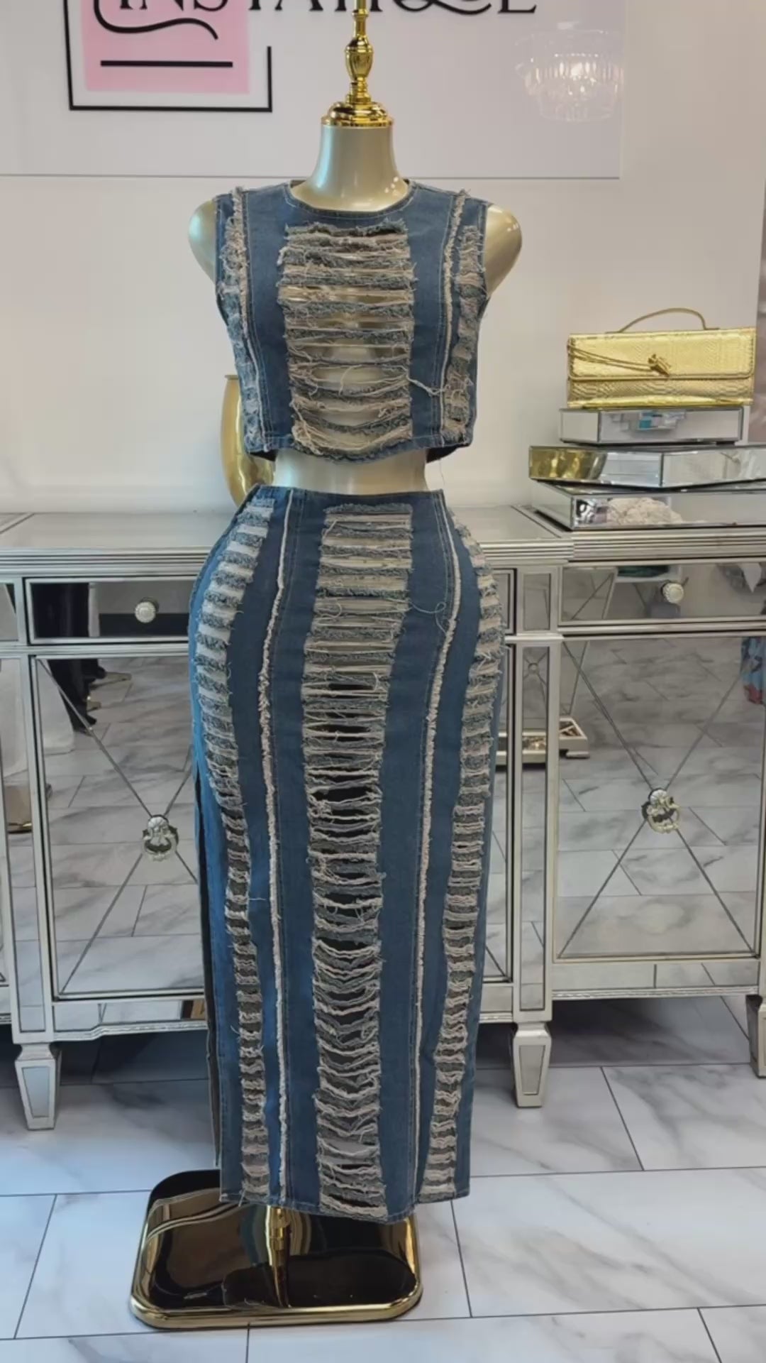 Pretty Shredded Denim Skirt Set