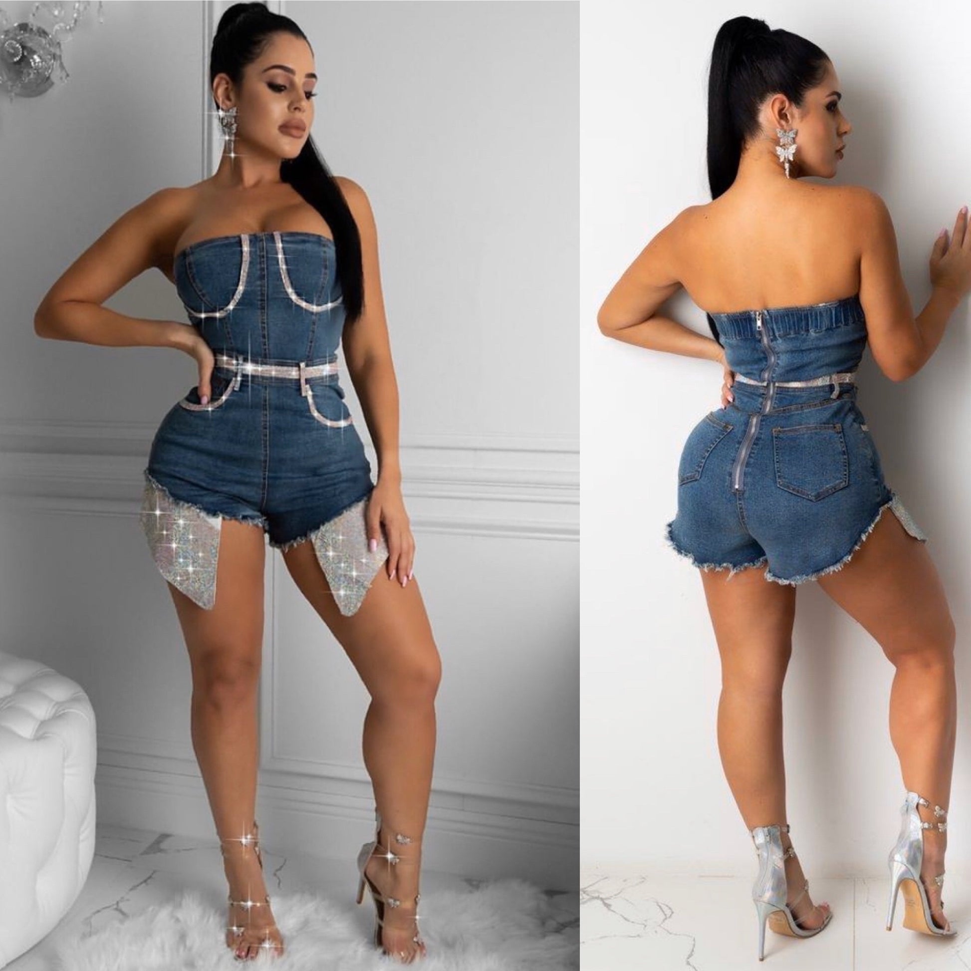 Bling Queen Denim Romper